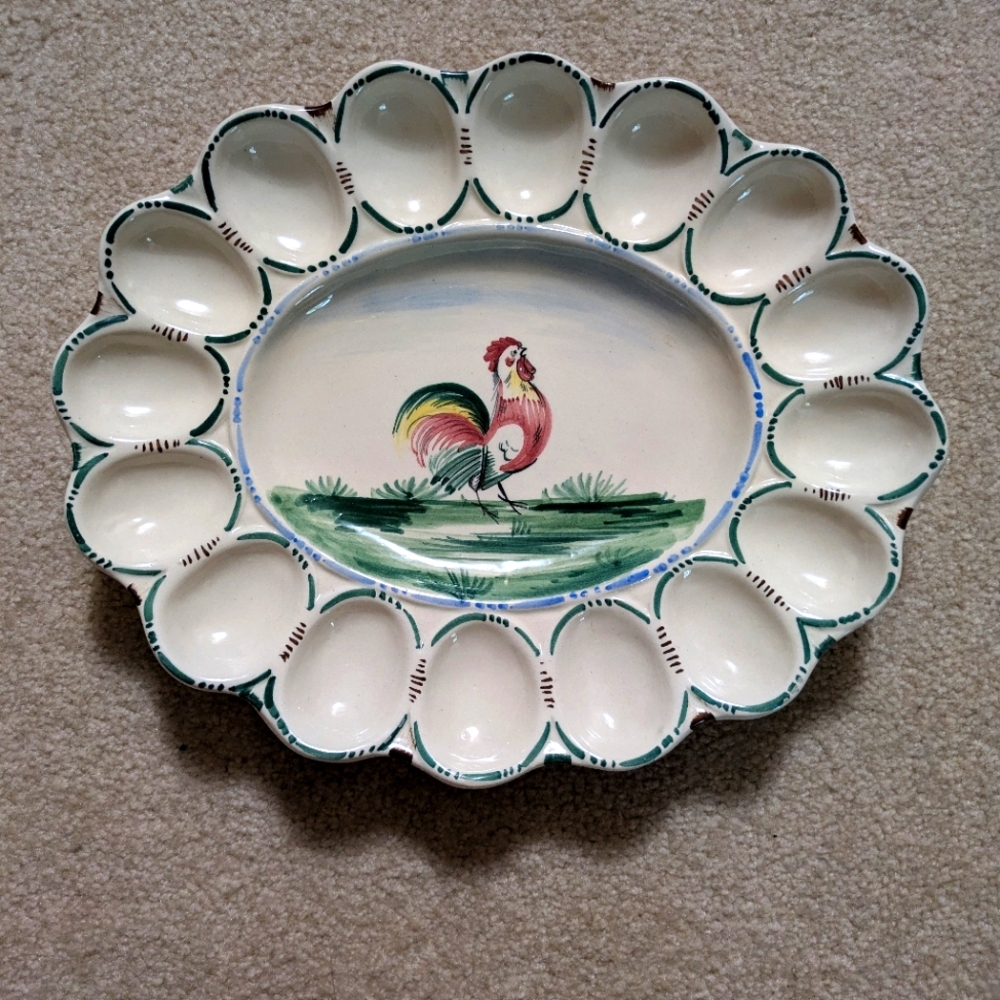 Vintage Deviled Egg Hand Painted Platter With 16 Inserts.